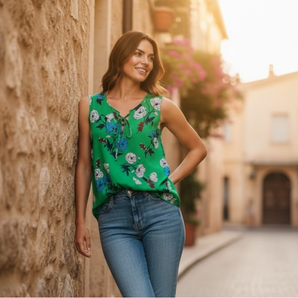 Cabi Green Floral Top XL